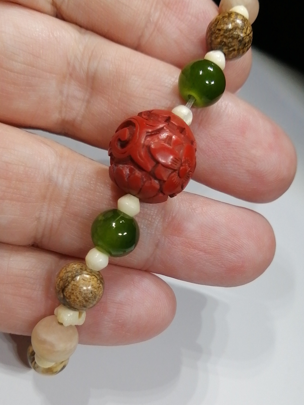 Antique Red Carved Cinnabar Bead, Jade, Jasper Beaded Stretch Bracelet